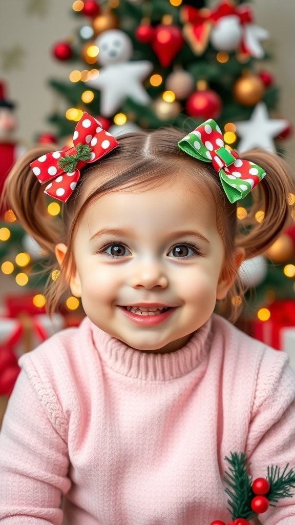 Festive Christmas Hairstyles for Toddler Girls with Bows A joyful toddler girl with Christmas hairstyles and colorful bows, set against a festive holiday backdrop.